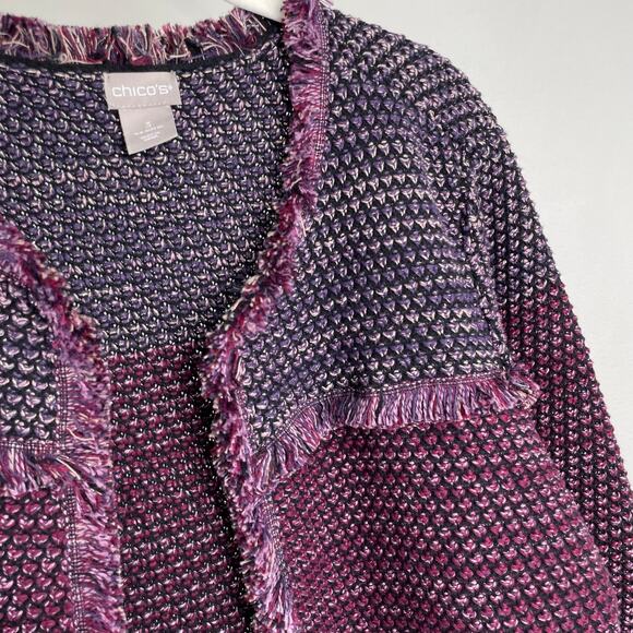 Chicos Marled Fringe Cardigan Sweater Purple Colorblock Metallic Knit Jacket XL - Picture 10 of 12